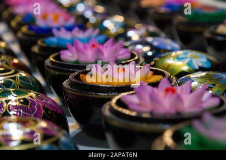 Thailand Handmade carved flower soaps in painted boxes, floral patterns, Chiang Mai Sunday night Market, Stock Photo