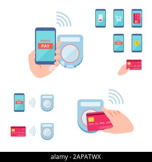This is an illustration of paying with a smartphone and card over a card reader. This is a neat vector illustration with no outline. Stock Vector