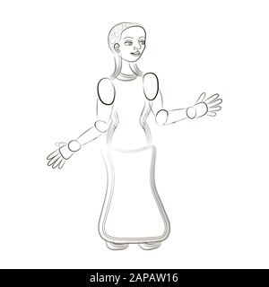 Black outline of female robot. Friendly character on white background. Intelligent computer machine. Hand drawing. Vector illustration. Artificial int Stock Vector