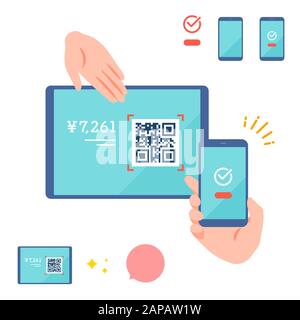 This is an illustration of QR code payment on a smartphone. This is a neat vector illustration with no outline. Stock Vector
