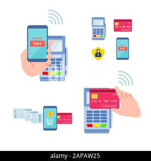 This is an illustration of paying a smartphone and a card over a credit card reader. This is a neat vector illustration with no outline. Stock Vector