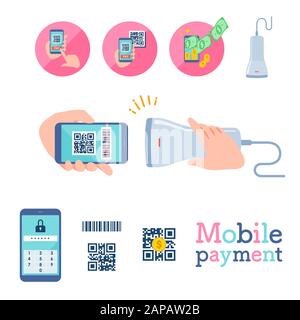 Illustration of QR code payment by smartphone. This is a neat vector illustration with no outline. Stock Vector