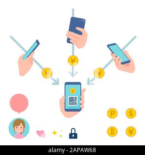This is an illustration of remittance of electronic money between individuals via smartphone. This is a neat vector illustration with no outline. Stock Vector