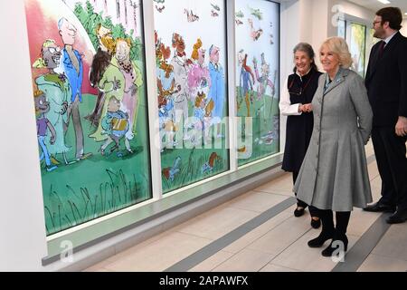 The Duchess of Cornwall with Felicity Dahl (left) during a visit to Birmingham Children's Hospital. The hospital and its charity has teamed with Sir Quentin Blake and Felicity Dahl, (wife of the late author, Roald Dahl) to create a stained-glass window installation featuring some of Dahl's most famous characters. There are 9 panels in total showing some of Dahl's most famous children's characters. Stock Photo