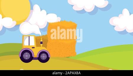 forklift with stacked hay meadow sun farm animal cartoon vector illustration Stock Vector