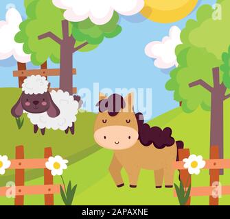 cute horse fence and flowers farm animal cartoon vector illustration ...