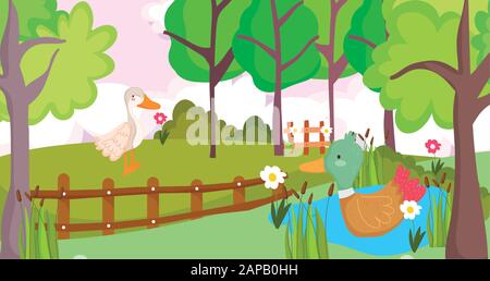 goose and duck in lake flowers fence farm animal cartoon vector illustration Stock Vector