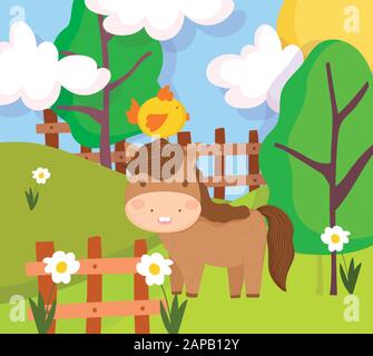 cute horse fence and flowers farm animal cartoon vector illustration ...