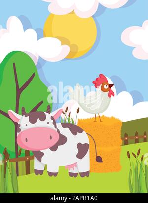 cow and rooster on hay fence farm animal cartoon vector illustration ...