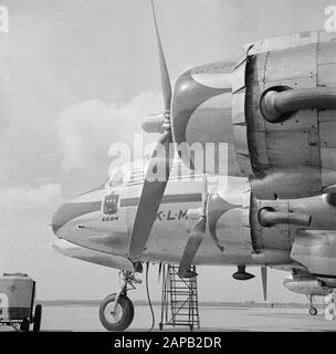 Corporate style and emblems KLM Description: The Douglas DC-4 Edam with the KLM corporate identity and with the Edam logo under the cockpit at Schiphol Airport Date: August 1951 Location: Noord-Holland, Schiphol Keywords: emblems, logos, aircraft Stock Photo