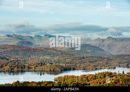 Panoramic view to Langdale, Scafell, from Orrest Head in autumn, Lake District Stock Photo