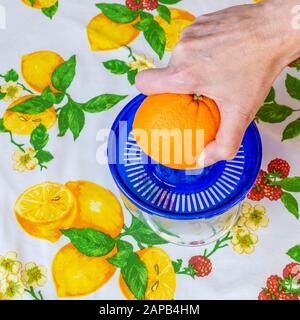White woman hand squeezes an orange to get a tasty natural juice Stock Photo