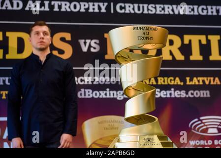 RIGA, Latvia. 22nd Jan, 2020. Muhammad Ali Trophy, during Press conference of Mairis Briedis and Yuniel Dorticos, before their upcoming fight for IBF title at World Boxing Super Series. Credit: Gints Ivuskans/Alamy Live News Stock Photo