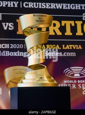 RIGA, Latvia. 22nd Jan, 2020. Muhammad Ali Trophy, during Press conference of Mairis Briedis and Yuniel Dorticos, before their upcoming fight for IBF title at World Boxing Super Series. Credit: Gints Ivuskans/Alamy Live News Stock Photo