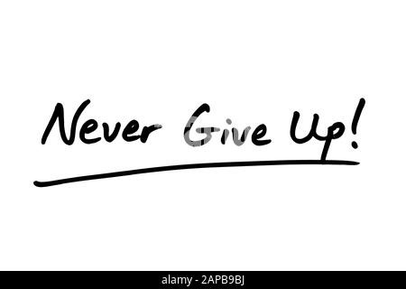 Never Give Up! handwritten on a white background. Stock Photo