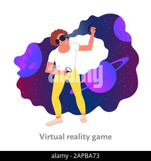 Man is playing virtual reality video game. Space environment in gameplay. Isolated on white background. Flat style vector illustration Stock Vector