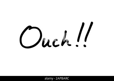 Close-up of the word Ouch!! handwritten on a white background. Stock Photo