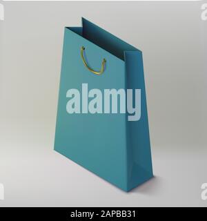 Paper realistic blue shoping bag. Mockup isometric package for purchases. Handbag 3d icon.Template for products, web banners and leaflets. Vector Illu Stock Vector