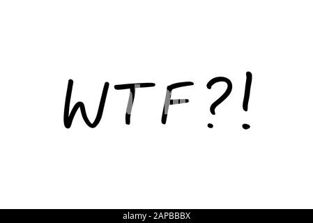 Close-up of the abbreviation WTF?! handwritten on a white background. Stock Photo