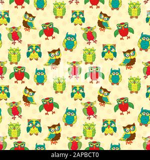 Seamless texture with colorful cartoon funny owls for children decoration on the beige pattern background Stock Vector