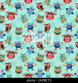 Seamless texture with colorful cartoon funny owls for baby decoration on the muted blue pattern background Stock Vector