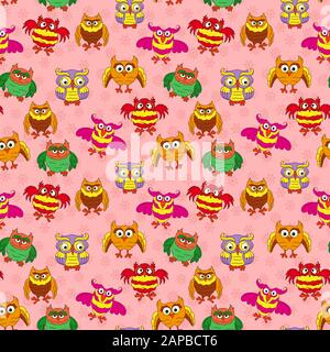 Seamless texture with various cartoon owls for children decoration on the pink pattern background Stock Vector