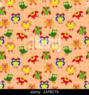 Seamless ornate with colorful funny cartoon owls for baby decoration on the muted beige pattern background Stock Vector