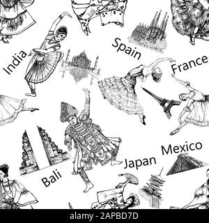 Seamless pattern of hand drawn sketch style dancers isolated on white background. Vector illustration. Stock Vector