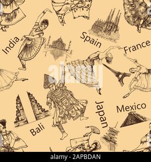 Seamless pattern of hand drawn sketch style dancers. Isolated vector illustration. Stock Vector