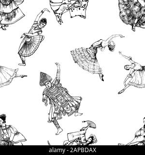 Seamless pattern of hand drawn sketch style dancers isolated on white background. Vector illustration. Stock Vector