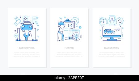 Vehicle repair and maintenance concept - line design style banners Stock Vector