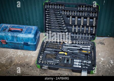 Tool box and set of generic tools. Stock Photo