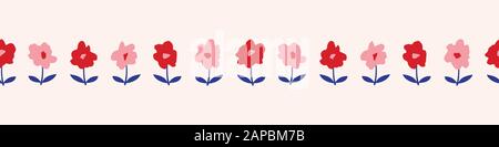 Pink and Red Ditsy Allover Artistic Floral Vector Seamless Pattern Border. Small Hand Drawn Flowers with Purple Stems , Naive Blob Abstract Blooms on Stock Vector