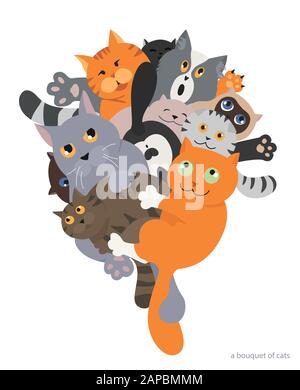 Cat poster. Cartoon cat characters collection. Bouquet of cats.  Flat color simple style design. Vector illustration Stock Vector