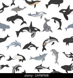 Dolphins seamless pattern. Marine mammals collection. Cartoon flat style design. Vector illustration Stock Vector