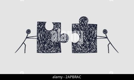 Schematic of two workers pushing puzzles towards each other Stock Photo