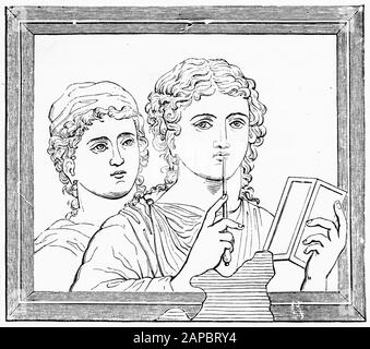 Engraving of two Roman girls, one with a stylus and a wax writing tablet Stock Photo