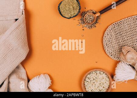 Different types of uses for hemp. Textile fiber industry. Zero waste living concept. Stock Photo