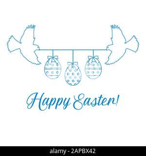 Vector illustration Two birds hold rope with decorated Easter eggs with bows,inscription Happy Easter on white background. Festive background. Surpris Stock Vector