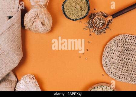 Different types of uses for hemp. Textile fiber industry. Zero waste living concept. Stock Photo