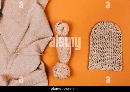 Different types of uses for hemp. Textile fiber industry. Zero waste living concept. Stock Photo