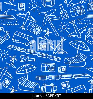 Seamless pattern with hand drawn travel icons. White outline objects isolated on blue background. Vector illustration. Stock Vector