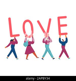 Diverse tiny people carry letters LOVE lettering Stock Vector