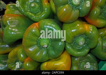 Green peppers in the market desk Stock Photo