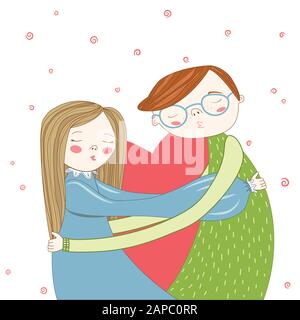 Postcard to the day of St. Valentine. Cute couple in love kisses and hugs. Sorry card. Declaration of love. Cute couple on the background of the heart Stock Vector