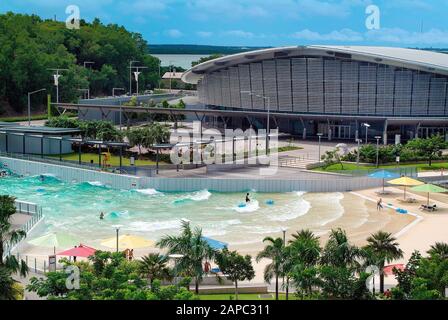 Darwin, Australia - April 28, 2010: Darwin Convention Center on the Wharf Precinct - Waterfront - with unidentified people in wave pool named The Lago Stock Photo