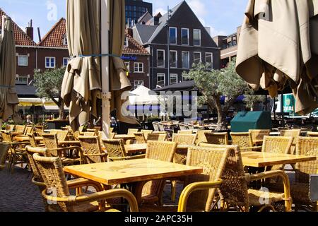 VENLO, NETHERLANDS - AUGUST 8. 2019: View on empty chairs and tables on market place Stock Photo