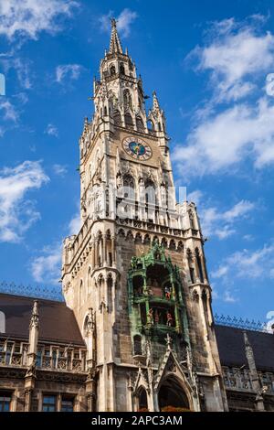 Late Gothic Belfry of New Town Hall (Neues Rathaus), the main tourist attraction at Marienplatz in Munich Inner city, Bavaria, Germany Stock Photo