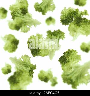 Flying lettuce leaves over white background, isolated Stock Photo