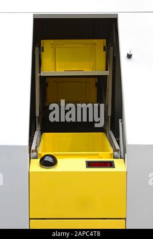 Yellow plastic crates prepared for packaging Stock Photo